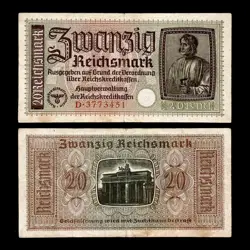 1940-1945 GERMANY 20 REICHSMARK NAZI BANKNOTE PAPER MONEY THIRD REICH WW2 ERA F