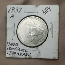 1937 A  5 MARK GERMAN WW2 SILVER COIN THIRD REICH  W/LUSTER 