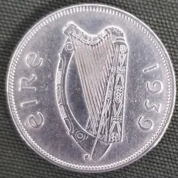 1939 IRELAND HALF CROWN; HARP; HORSE; EIRE; KM# 16; FINE; SILVER; WW2
