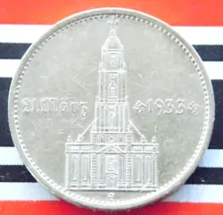 GERMAN 5 REICHSMARK 1934 E POTSDAM CHURCH SWASTIKA DATE SILVER COIN 3RD WW2 MARK