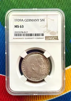 NGC MS 63 1939 A 5 MARK GERMAN WW2 SILVER COIN THIRD REICH  REICHSMARK