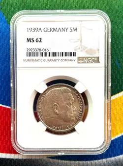 NGC MS 62 1939 A 5 MARK GERMAN WW2 SILVER COIN THIRD REICH  REICHSMARK