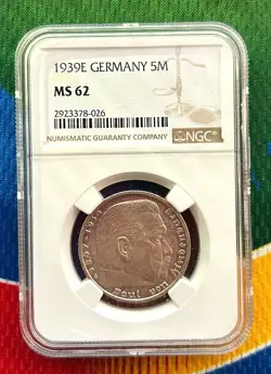 NGC MS 62  1939 E 5 MARK GERMAN WW2 SILVER COIN THIRD REICH  REICHSMARK