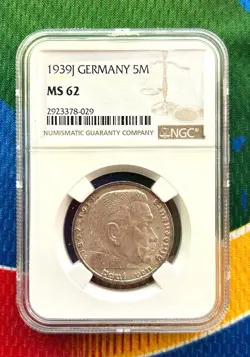 NGC MS 62  1939 J  5 MARK GERMAN WW2 SILVER COIN THIRD REICH  REICHSMARK