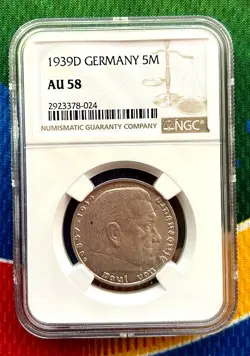 NGC AU 58 1939 D 5 MARK WW2 GERMAN SILVER COIN THIRD REICH  REICHSMARK