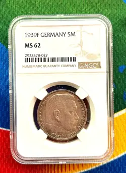 NGC MS 62 1939 F 5 MARK GERMAN WW2 SILVER COIN THIRD REICH  REICHSMARK