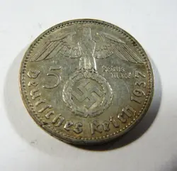 GERMANY 3RD REICH WW2 SILVER  1937 A 5 REICHSMARK  WITH SWASTIKA