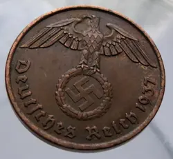 GERMANY 2 REICHSPFENNIG BRONZE COIN 1937 A WW2 THIRD REICH