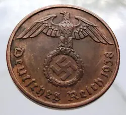 GERMANY 2 REICHSPFENNIG BRONZE COIN 1938 A WW2 THIRD REICH