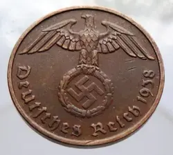 GERMANY 2 REICHSPFENNIG BRONZE COIN 1938 F WW2 THIRD REICH
