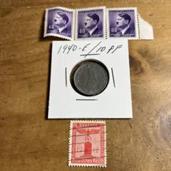 WW2 GERMAN NAZI 1940-E 10 PFENNIG NAZI COIN AND STAMPS SWASTIKA