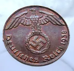 GERMANY 1 REICHSPFENNIG BRONZE COIN 1938 E WW2 THIRD REICH