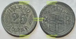 ICELAND 25 AURAR 1942 WW2 17MM ZINC COIN KM2A