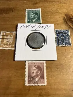 WW2 GERMAN NAZI 1941-A 10 PFENNIG NAZI COIN AND STAMPS SWASTIKA  L