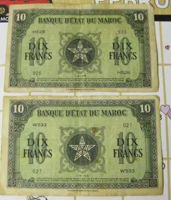 TWO - 1943  MOROCCO 10 (DIX) FRANCS NOTES WW2