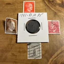 WW2 GERMAN NAZI 1941-D 10 PFENNIG NAZI COIN AND STAMPS SWASTIKA