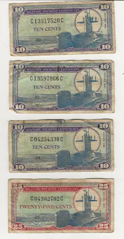 4 PIECES OF WW2 MILITARY SCRIP - THREE 10 CENT AND ONE 25 CENT