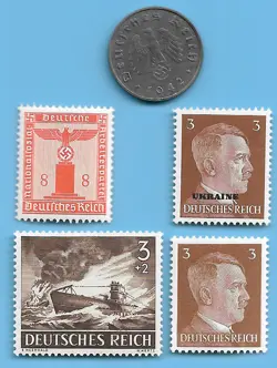 GERMANY WW2 1940 F 10 RPF SWASTIKA COIN & HITLER SWASTIKA STAMP LOT WW2 ERA #32