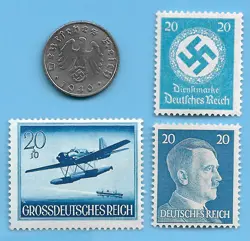 GERMANY WW2 1940 D 5 RPF SWASTIKA COIN & HITLER SWASTIKA STAMP LOT WW2 ERA #44