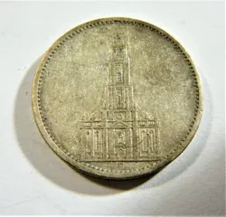 GERMANY 3RD REICH WW2 SILVER 1934 G 5 REICHSMARK POTSDAM WITH 2 SMALL SWASTIKAS