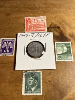 WW2 GERMAN NAZI 1940-J 10 PFENNIG NAZI COIN AND STAMPS SWASTIKA  M