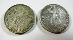 GERMANY 3RD REICH WW2 SILVER  1937 A & 1939 G REICHSMARK  WITH SWASTIKA