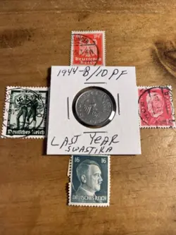 WW2 GERMAN NAZI 1944-B 10 PFENNIG NAZI COIN AND STAMPS SWASTIKA  L