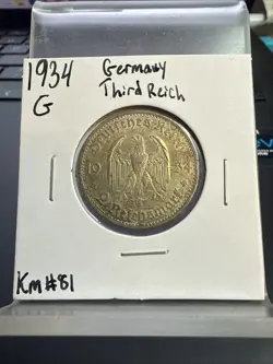 GERMAN 2 REICHSMARK 1934 G POTSDAM CHURCH SWASTIKA SILVER COIN WW2 UNC MARK