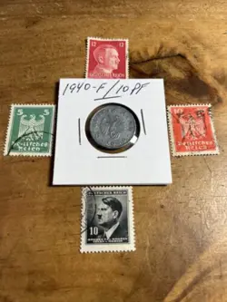 WW2 GERMAN NAZI 1940-F 10 PFENNIG NAZI COIN AND STAMPS SWASTIKA  L