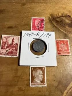 WW2 GERMAN NAZI 1940-B 1 PFENNIG NAZI COIN AND STAMPS SWASTIKA  L
