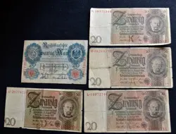 WW2 GERMAN 20 MARK NOTE...LOT OF 5
