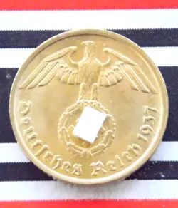 GERMAN 10 REICHSPFENNIG 1937 A SWASTIKA COIN BRASS 3RD REICH WW2 + UNC + PFENNIG