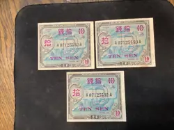 JAPAN 1944 WW2 TEN SEN MILITARY CURRENCY 3 BANKNOTE LOT. N1824