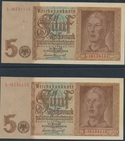 CURRENCY GERMANY 1939 WW2 FASCISM WAR REICHMARK SEQUENTIAL PAIR UNCIRCULATED