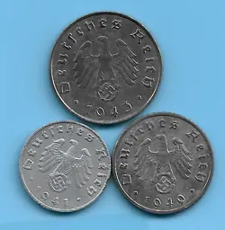 GERMANY THIRD REICH 1940 1941 1943 1,5,10 RPF SWASTIKA COIN LOT WW2 ERA #50