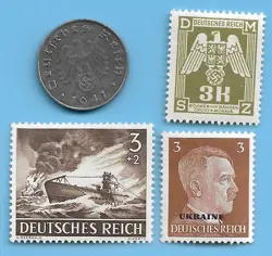 GERMANY WW2 1941 E 10 RPF SWASTIKA COIN & HITLER SWASTIKA STAMP LOT WW2 ERA #35