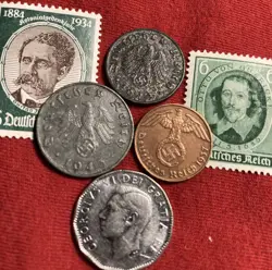 WW2 GERMAN REICH NAZI 1,5,10 PFENNIG CANADA 1952 NICKEL COIN STAMP LOT SET