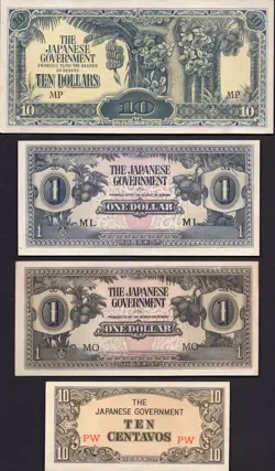 WW2 JAPANESE OCCUPATION BANKNOTES - 1942-44 - 10 CENTAVOS 1 DOLLAR 10 DOLLAR X 2