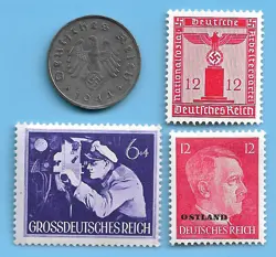 GERMANY WW2 1944 F 10 RPF SWASTIKA COIN & HITLER SWASTIKA STAMP LOT WW2 ERA #40
