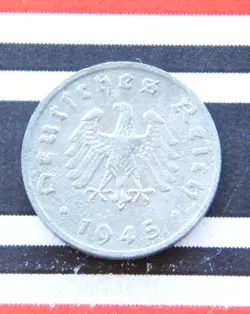GERMAN COIN 1945 F 1 REICHSPFENNIG ZINC ALLIED OCCUPATION 3RD REICH WW2 + RARE +