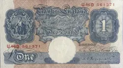 ENGLAND £1 1934/49 WW2 ERA UNCIRCULATED PAPER BANKNOTE. PEPPIATT SIGNED