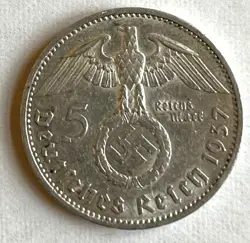 COIN -  1937 - 5 REICHSMARK AUTHENTIC GERMAN WW2 SILVER