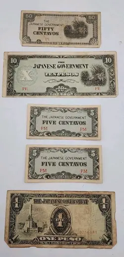 5 PHILIPPINES 1945 JAPANESE OCCUPATION WW2 CENTAVOS/PESOS BANKNOTE LOT 