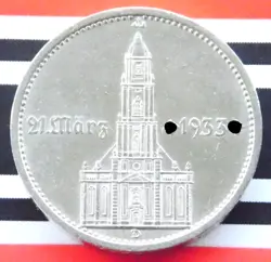 GERMAN 5 REICHSMARK 1934 D POTSDAM CHURCH SWASTIKA DATE SILVER COIN WW2 MARK UNC