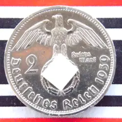 GERMAN COIN 2 REICHSMARK 1939 G SWASTIKA HINDENBURG SILVER 3RD WW2 BU MARK PL