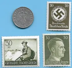 GERMANY WW2 1940 A 5 RPF SWASTIKA COIN & HITLER SWASTIKA STAMP LOT WW2 ERA #60