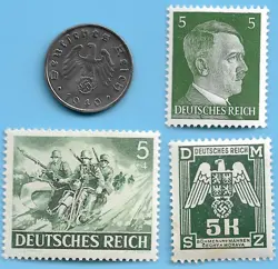 GERMANY WW2 1940 F 5 RPF SWASTIKA COIN & HITLER SWASTIKA STAMP LOT WW2 ERA #60