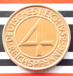 GERMAN COIN 1932 E 4 REICHSPFENNIG COPPER EAGLE WEIMAR REPUBLIC 3RD WW2 + RARE +