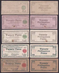 5 PCS. US PHILIPPINES 20 PESOS FREE NEGROS WW2 EMERGENCY CURRENCY 1943-1945