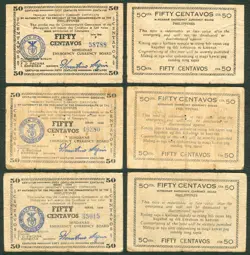 3 VARIETIES 50 CENTAVOS PHILIPPINE MINDANAO WW2 EMERGENCY BANKNOTE